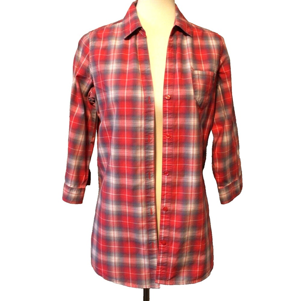 Confess Womens Shirt Large Red Plaid Roll Tab Sleeve Button Back‎ Cotton Top